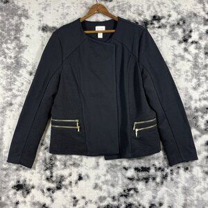Chicos Blazer Womens Size Large (2) Black Gold Hardware Zippers Open Front‎